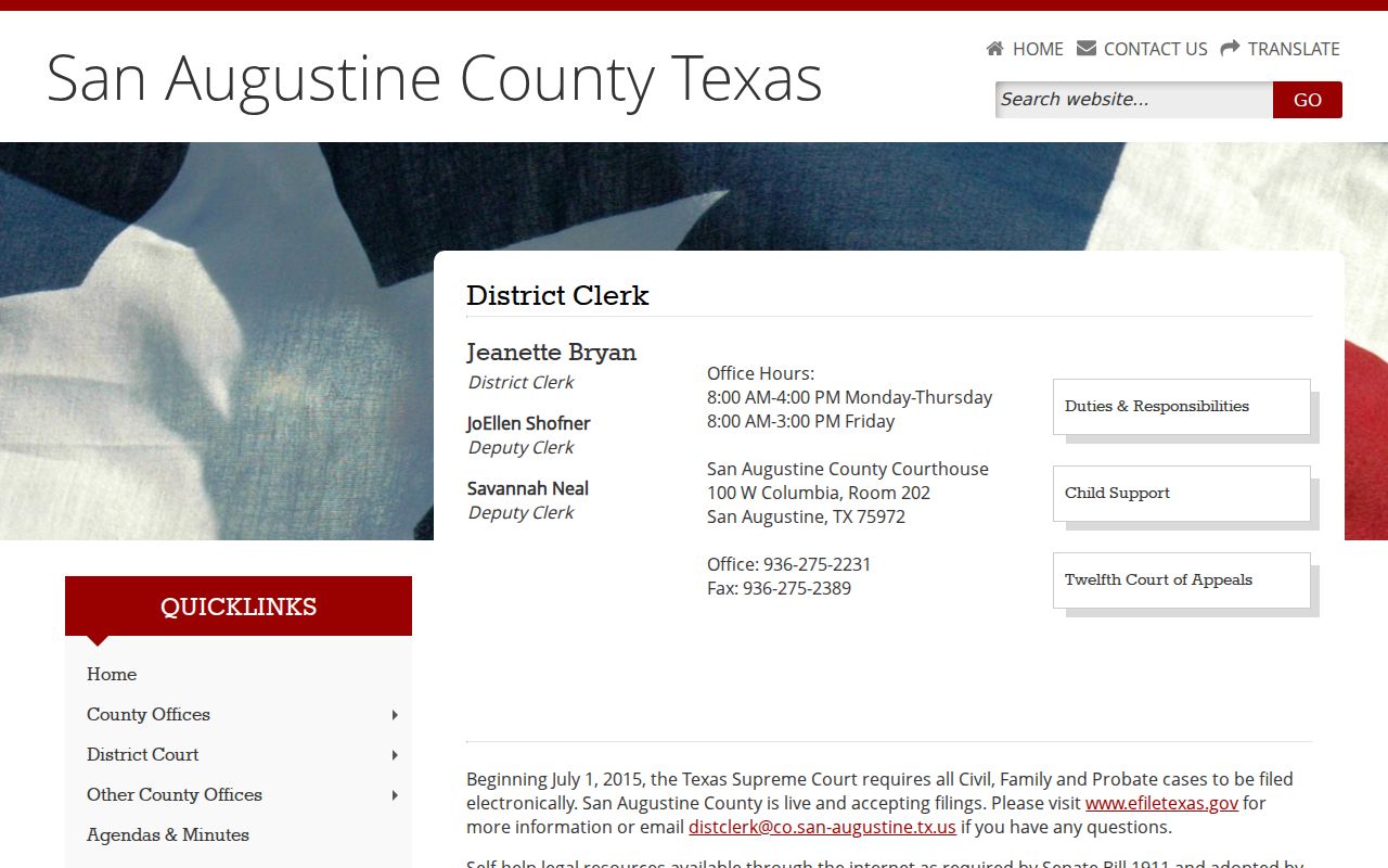 San Augustine County court records District Clerk page